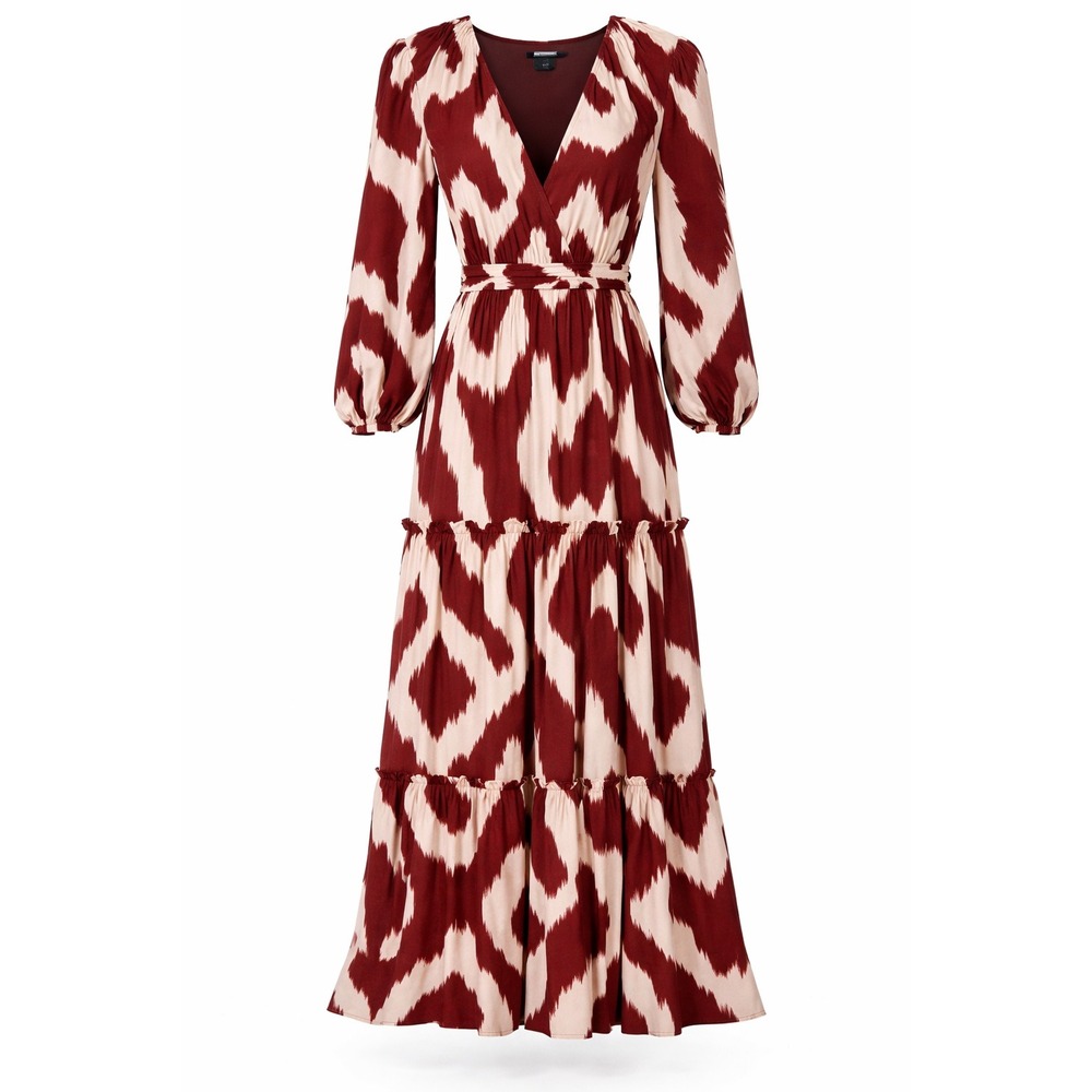 Express Womens Ikat Print V-Neck Tiered Maxi Dress Burgundy Cream XS